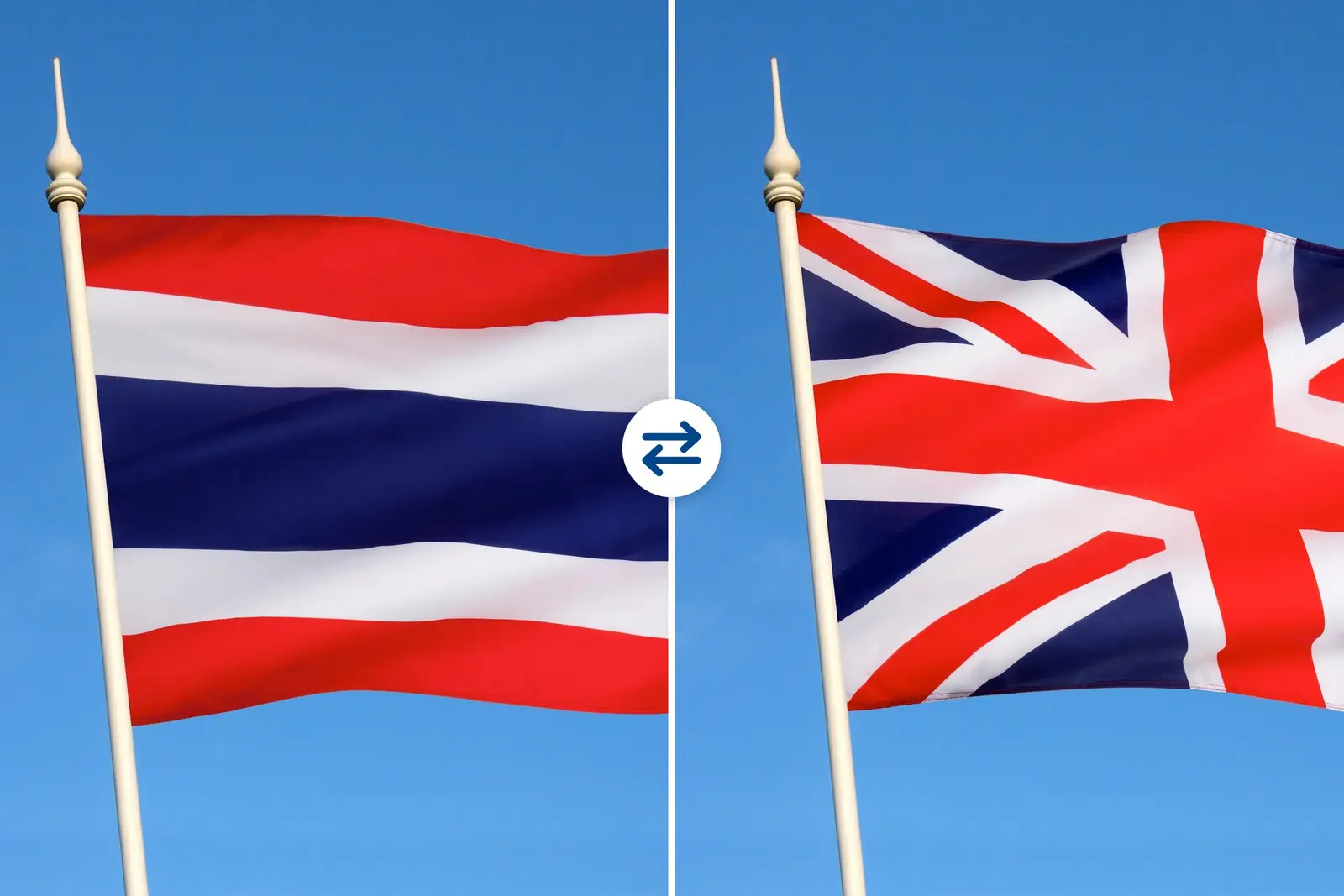 ธงชาติไทยและธงชาติอังกฤษเคียงกัน: แปลไทยเป็นอังกฤษ